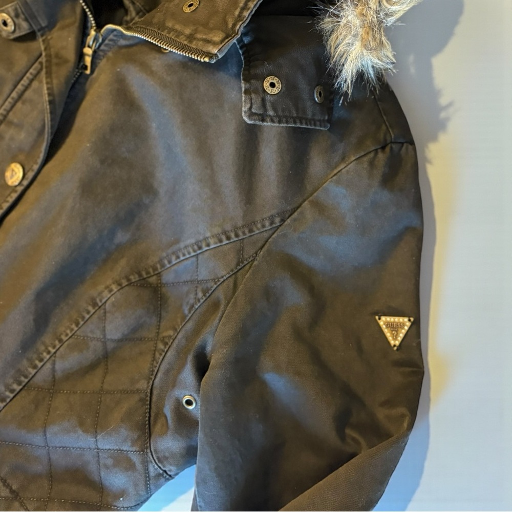 🚨3 for $15 GUESS Y2K Olive Green Jacket Coat Faux Fur Hood Women's Size Large - Picture 3 of 10